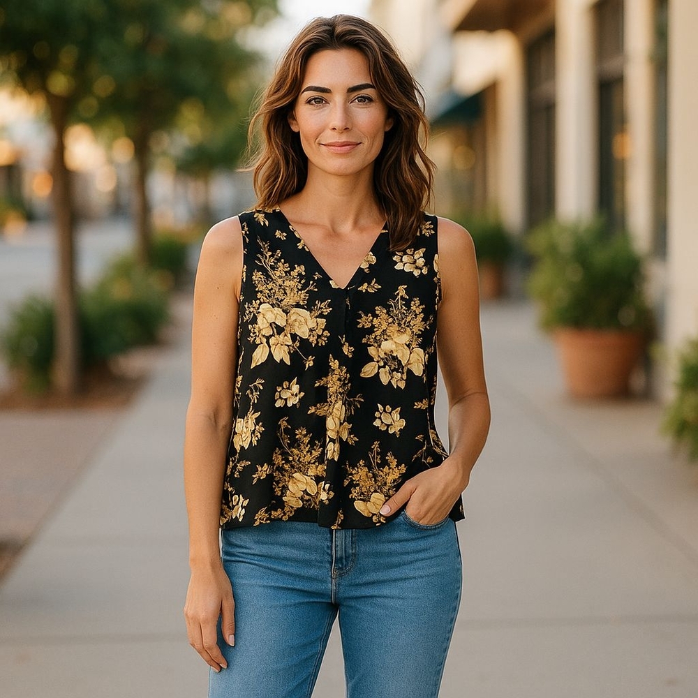 SHEIN Top Floral Black and Gold Women's Small